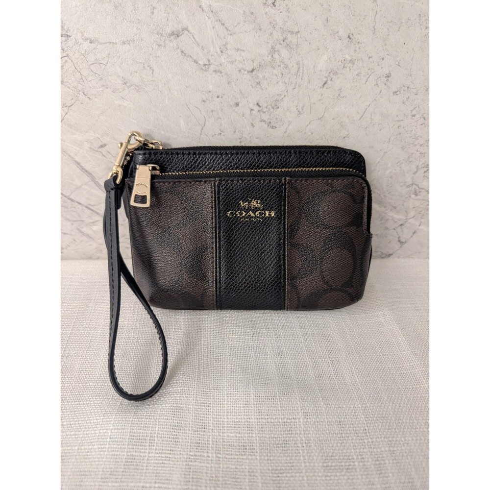 Coach Double Zip Wristlet/Wallet Signature Canvas Brown & Black